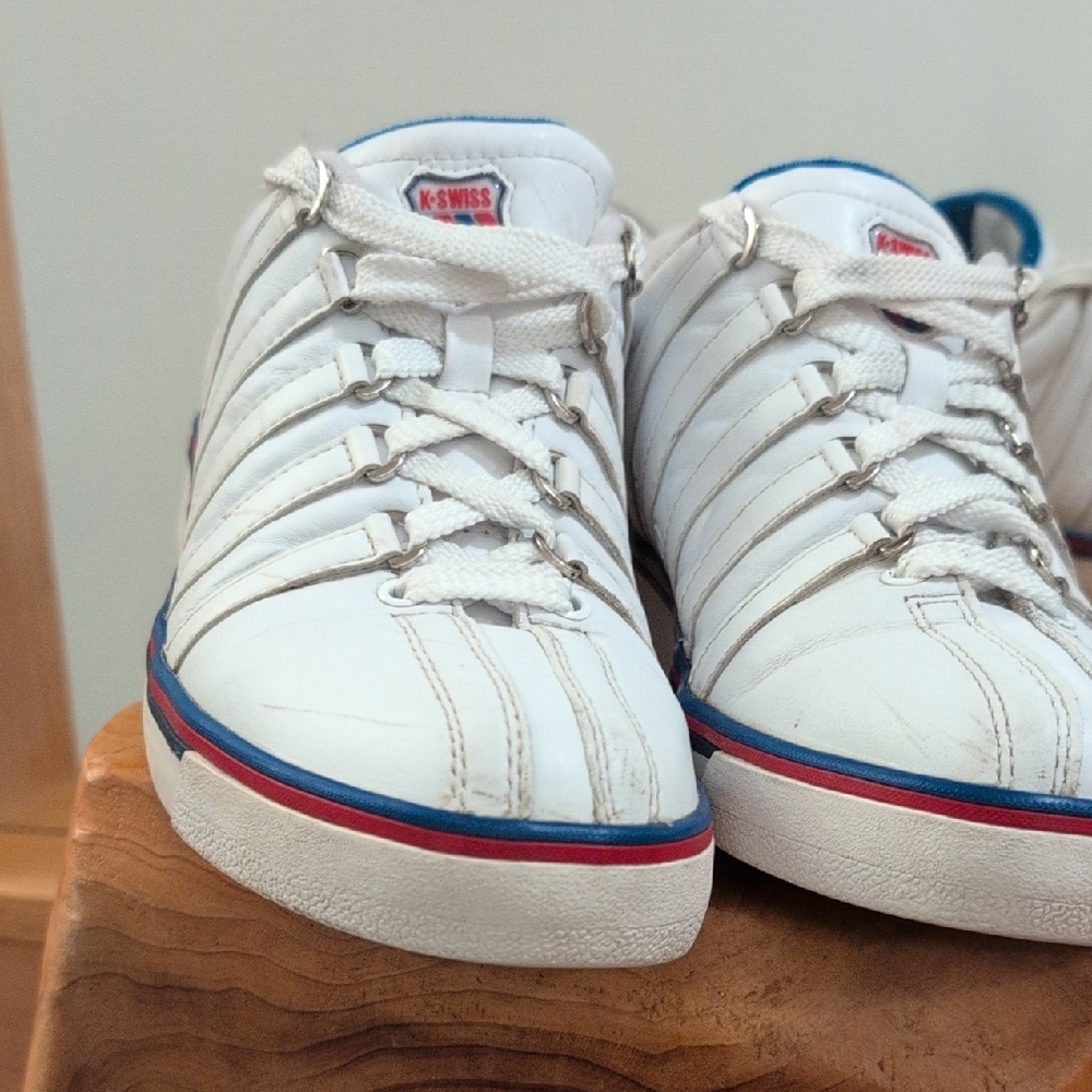 K-Swiss White Leather Sneakers with Blue and Red Accents